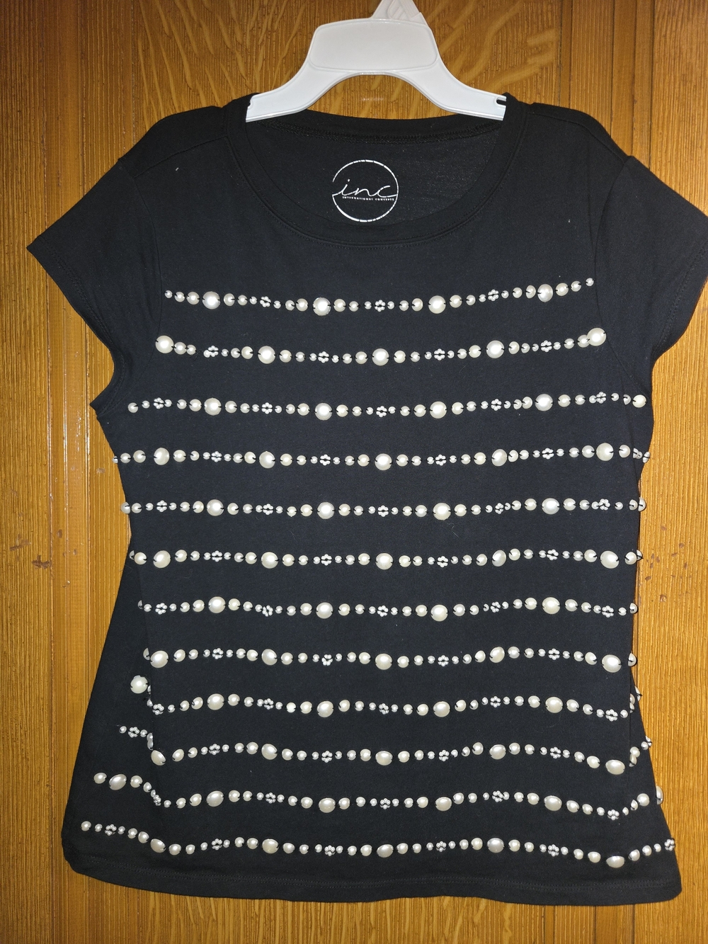 INC International Concepts Black Pearl-Embellished Short Sleeve Top- Size XL